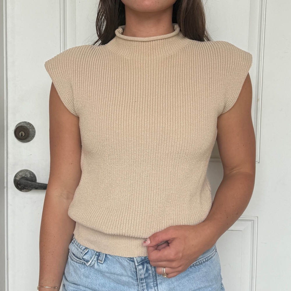 Mock Turtle neck Beige Sleeveless Knit Top